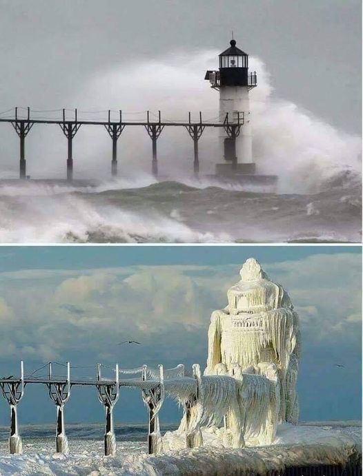 A lighthouse in Michigan, before and after major ice storm. : Kevin Povenz... 5