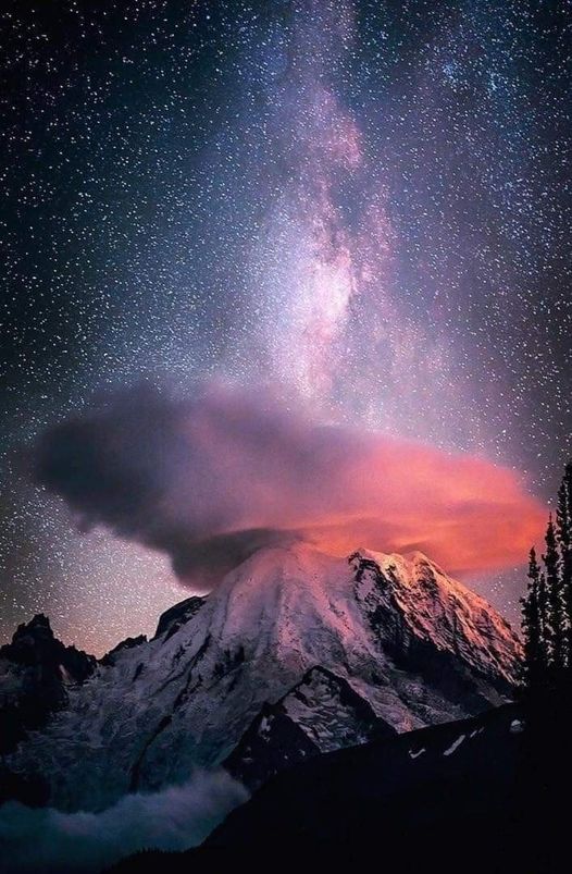 Milky Way Over Mt. Rainer with lenticular cloud formation, Washington State, USA... 2