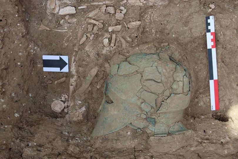 A Corinthian helmet was discovered in a 5th century BC grave in the Taman Penins...