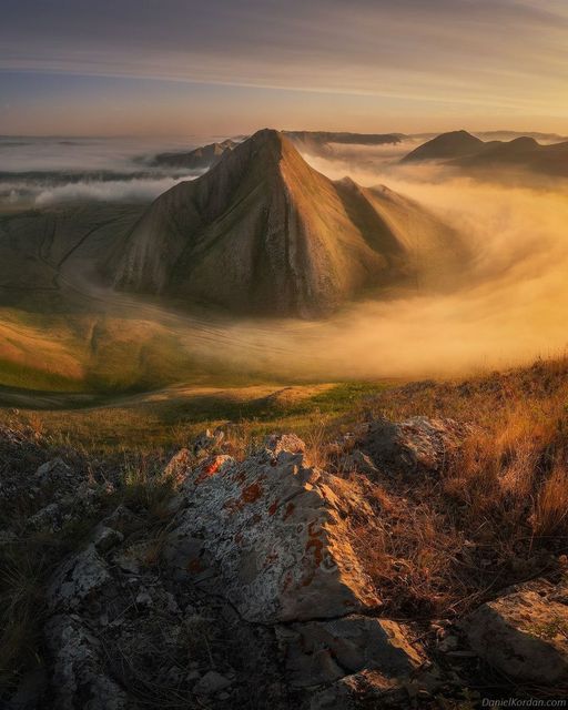 Morning fog in the Ural mountains, Russia...