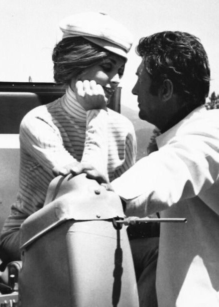 Sharon Tate and Dean Martin behind the scenes of ‘THE WRECKING CREW’, 1968....