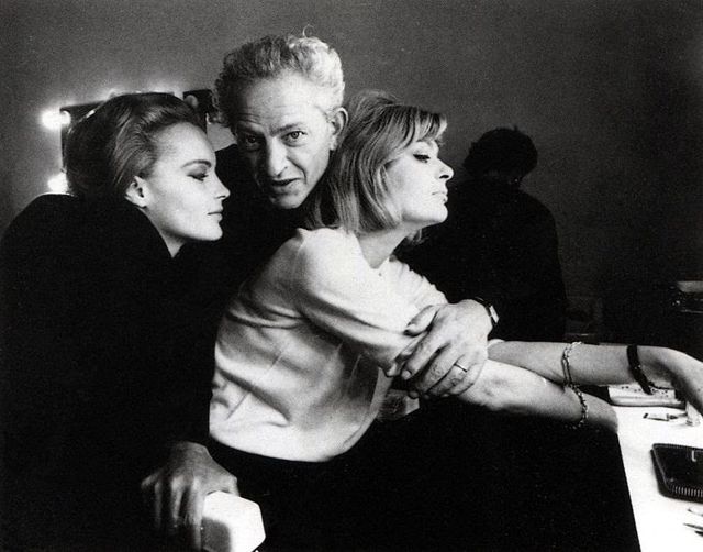 Romy Schneider and Melina Mercouri with director Jules Dassin on set of 10:30 P....