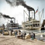 Steaboats on the Mississippi River, περίπου το 1906. (Χρωματισμένο)...
