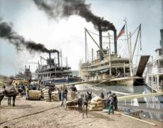 Steaboats on the Mississippi River, περίπου το 1906. (Χρωματισμένο)...