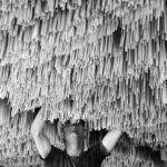 Ένας εργάτης κρεμάει ζυμαρικά για να στεγνώσει σε ένα εργοστάσιο στην Ιταλία, 1932. (Φωτογραφία Alfred Eisen...